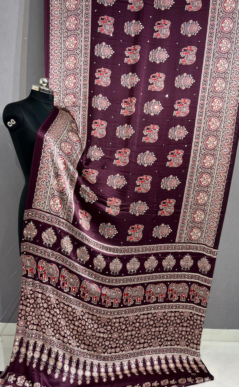 Handloom Ajrakh Mirror Work Saree in Wine Purple with Elephant Hand Block Print