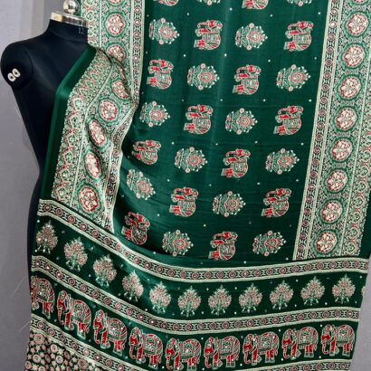 Handloom Ajrakh Mirror Work Saree in Bottle Green with Elephant Hand Block Print