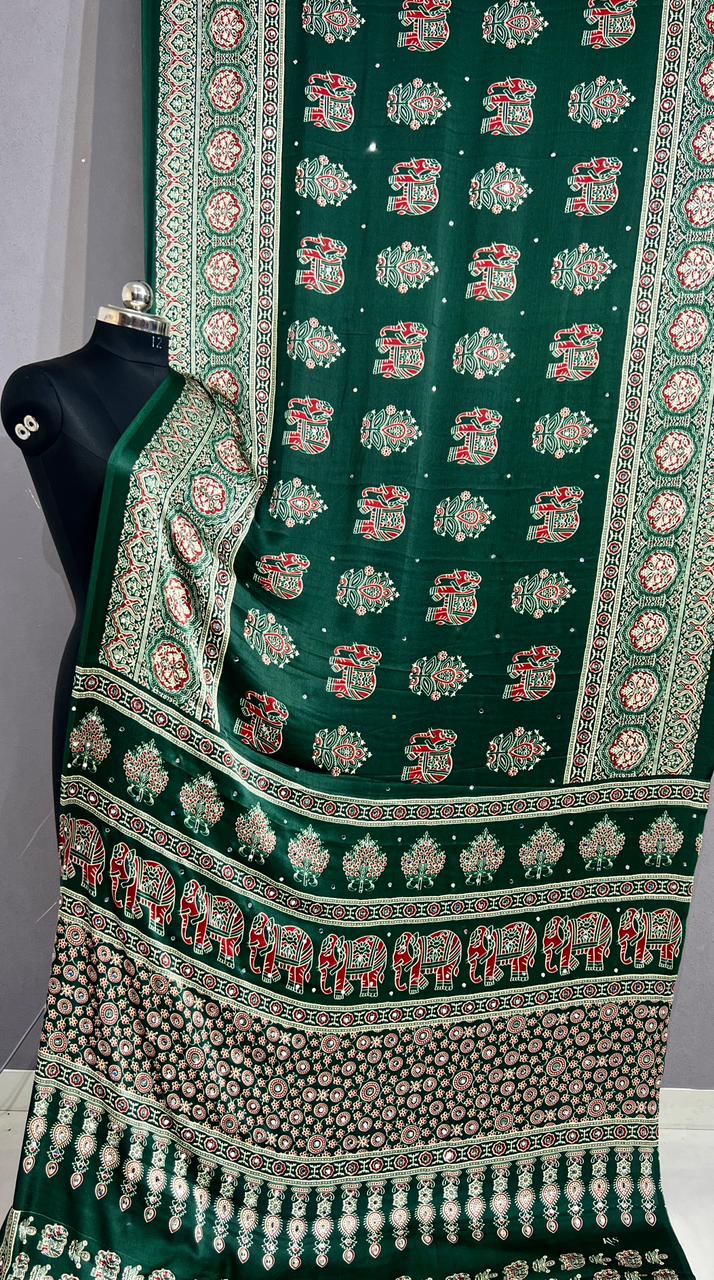 Handloom Ajrakh Mirror Work Saree in Bottle Green with Elephant Hand Block Print
