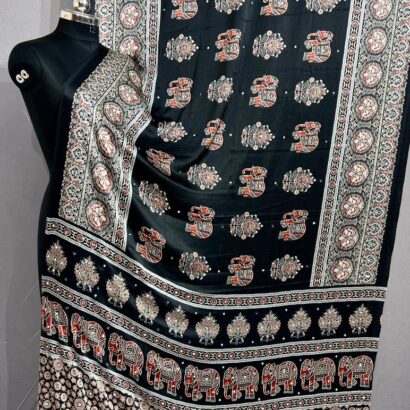 Handloom Ajrakh Mirror Work Saree in Black with Elephant Hand Block Print