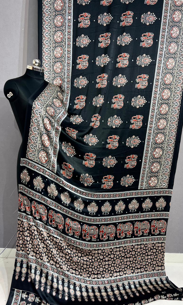 Handloom Ajrakh Mirror Work Saree in Black with Elephant Hand Block Print