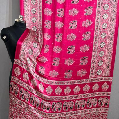 Handloom Ajrakh Mirror Work Saree in Rani Pink with Elephant Hand Block Print