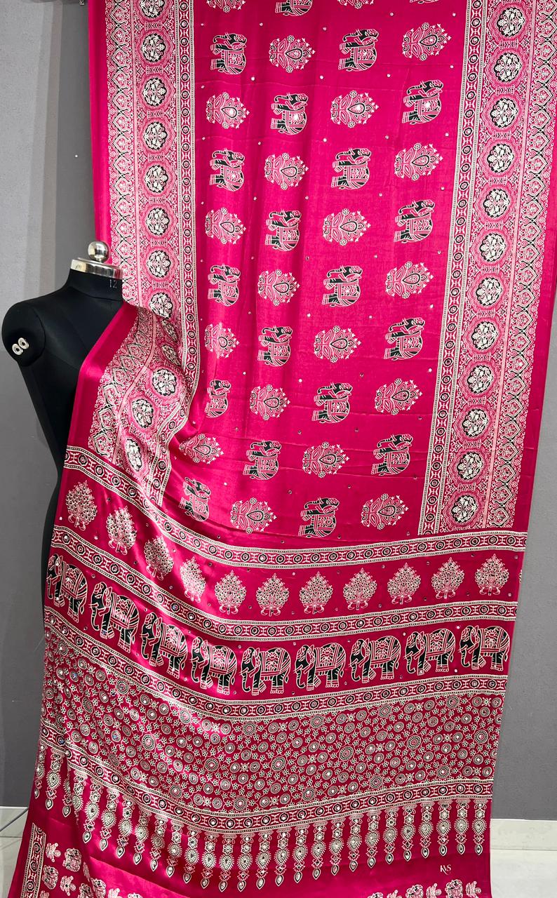 Handloom Ajrakh Mirror Work Saree in Rani Pink with Elephant Hand Block Print