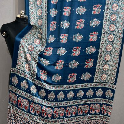 Handloom Ajrakh Mirror Work Saree in Steel Blue with Elephant Hand Block Print