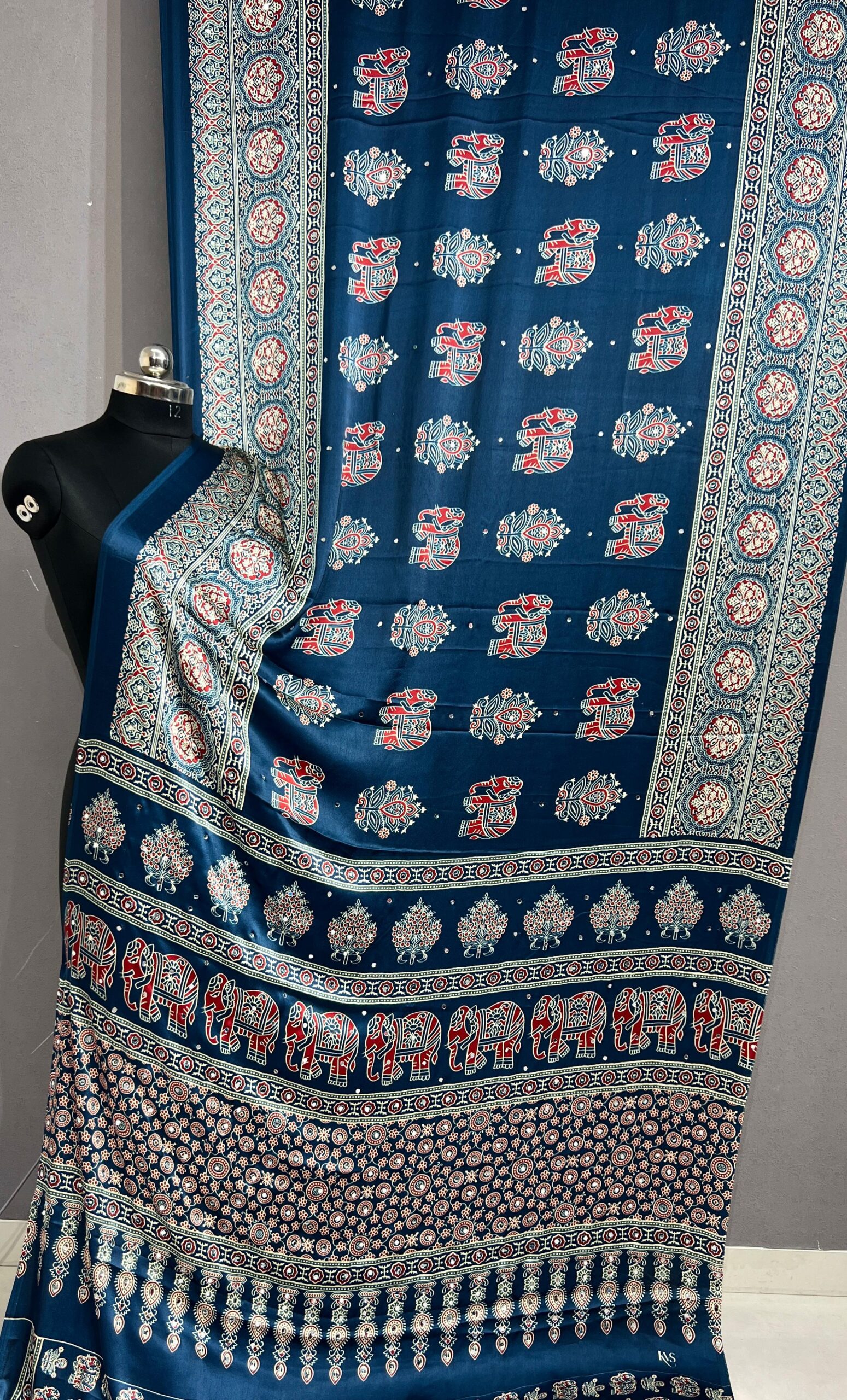 Handloom Ajrakh Mirror Work Saree in Steel Blue with Elephant Hand Block Print