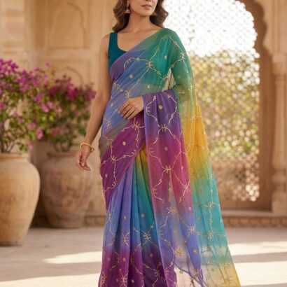 Royal Georgette Designer Saree with Kacha Gota Work Teal Blue Multi Colour Saree Without Blouse