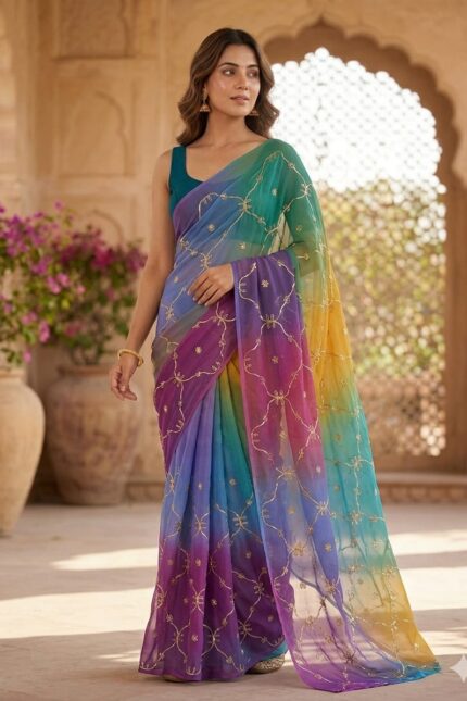 Royal Georgette Designer Saree with Kacha Gota Work Teal Blue Multi Colour Saree Without Blouse