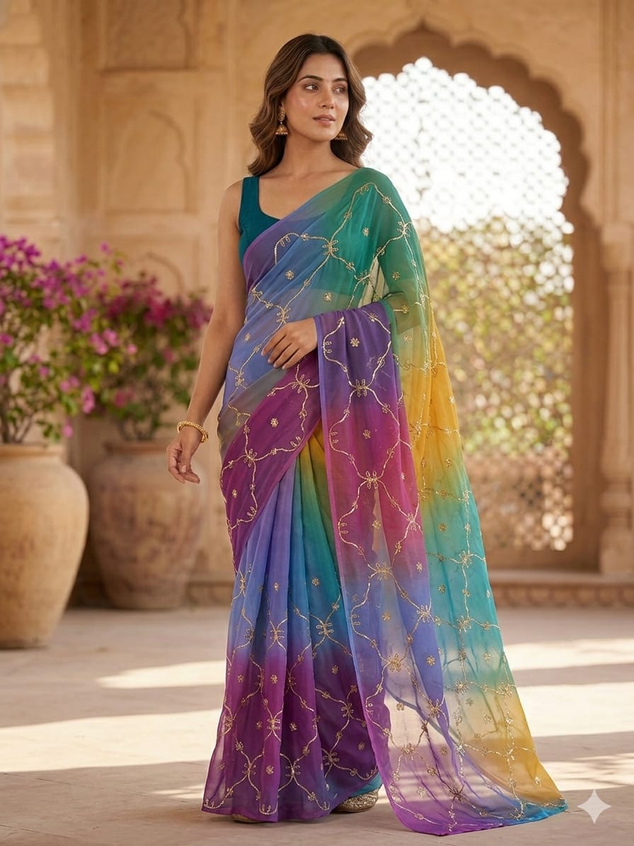 Royal Georgette Designer Saree with Kacha Gota Work Teal Blue Multi Colour Saree Without Blouse