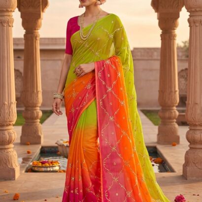 Royal Georgette Designer Saree with Kacha Gota Work Lime Green Multi Colour Saree Without Blouse