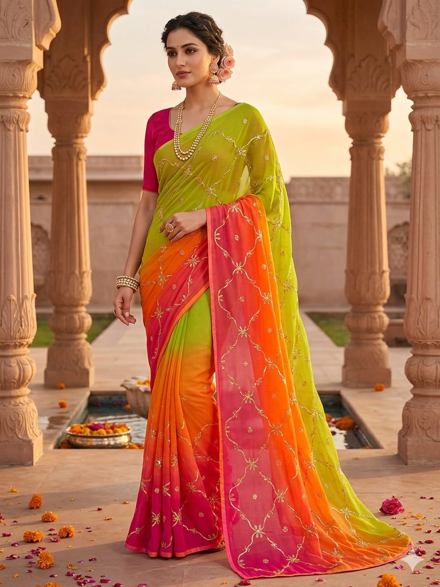 Royal Georgette Designer Saree with Kacha Gota Work Lime Green Multi Colour Saree Without Blouse
