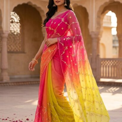 Royal Georgette Designer Saree with Kacha Gota Work Hot Pink Multi Colour Saree Without Blouse