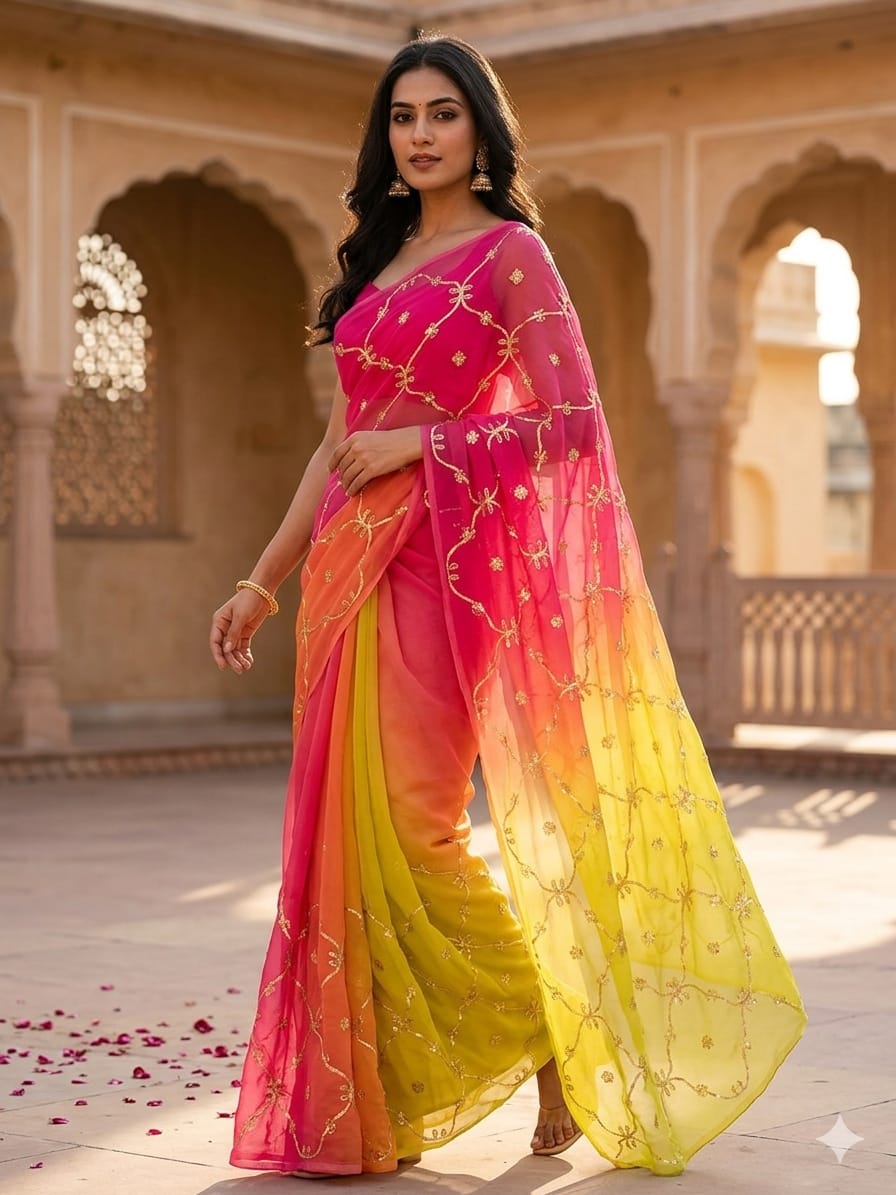 Royal Georgette Designer Saree with Kacha Gota Work Hot Pink Multi Colour Saree Without Blouse