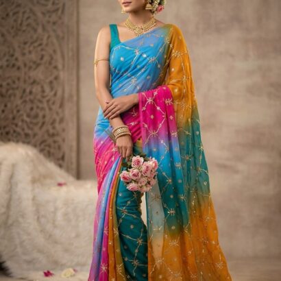 Royal Georgette Designer Saree with Kacha Gota Work Sky Blue Multi Colour Saree Without Blouse