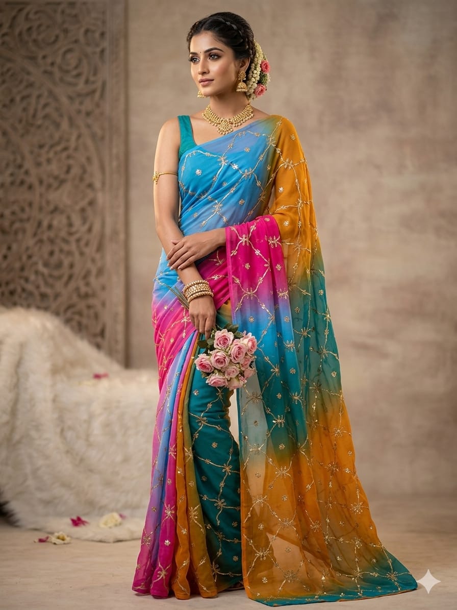 Royal Georgette Designer Saree with Kacha Gota Work Sky Blue Multi Colour Saree Without Blouse