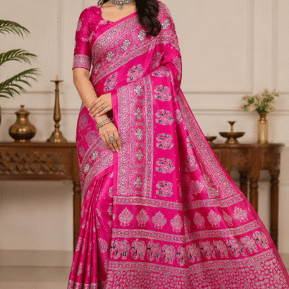 Handloom Ajrakh Mirror Work Saree in Rani Pink with Elephant Hand Block Print