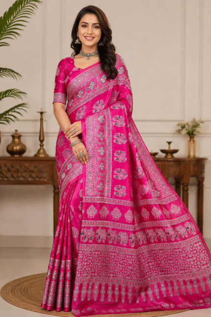 Handloom Ajrakh Mirror Work Saree in Rani Pink with Elephant Hand Block Print