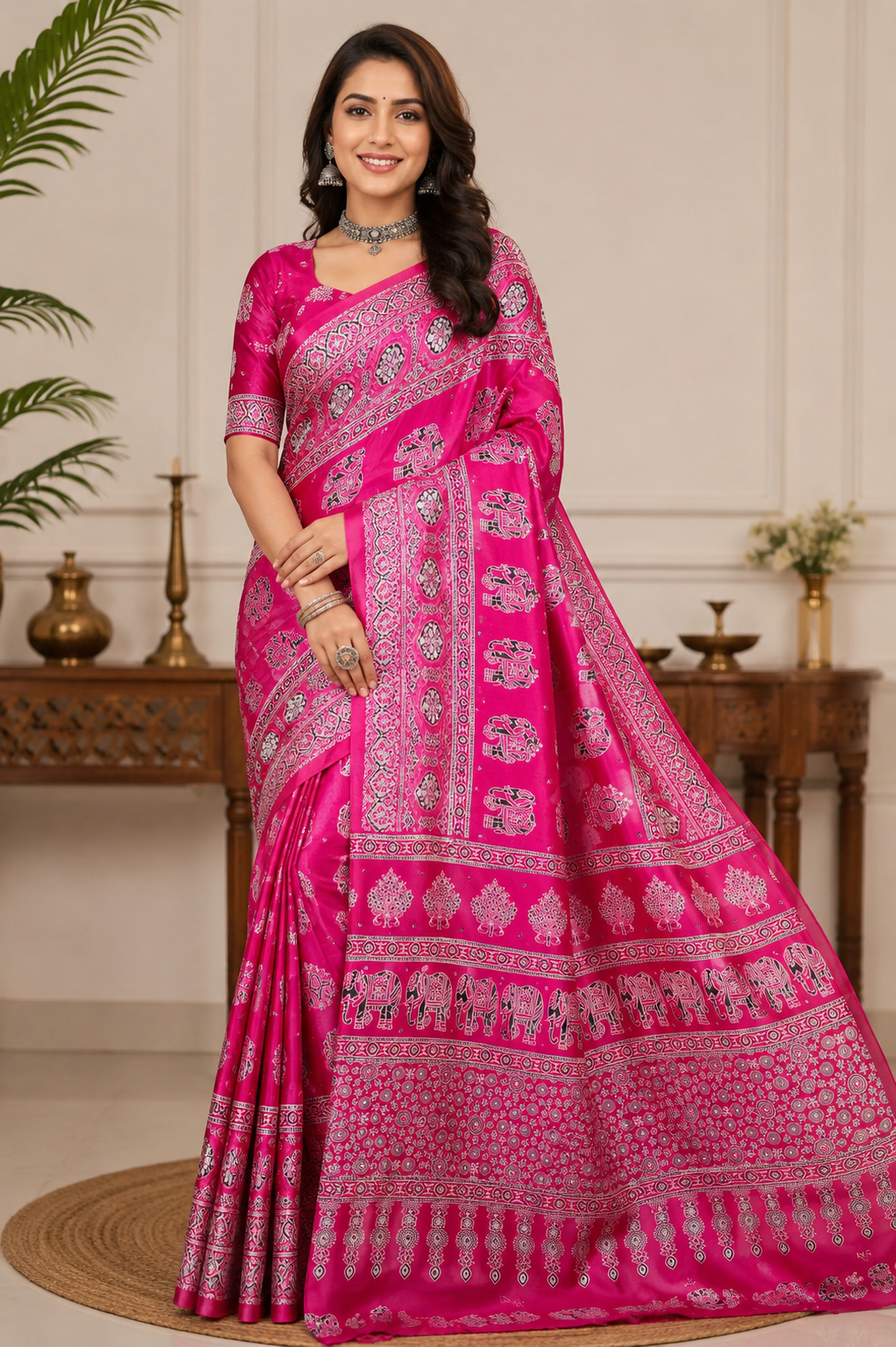 Handloom Ajrakh Mirror Work Saree Handloom Ajrakh Mirror Work Saree in Rani Pink with Elephant Hand Block Print