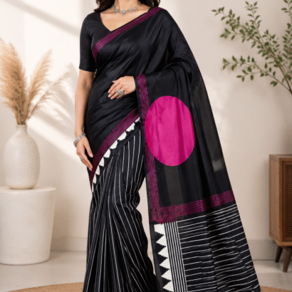 Black Rani Pink Modal Satin Ajrakh Digital Print Saree with elegant striped border design