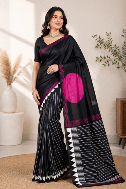 Black Rani Pink Modal Satin Ajrakh Digital Print Saree with elegant striped border design