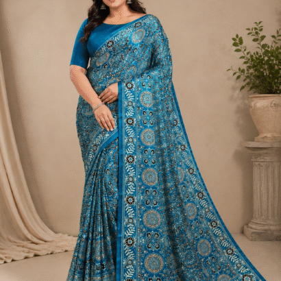 Blue Ajrakh Modal Satin Silk Saree with Digital Print and Tassel Pallu