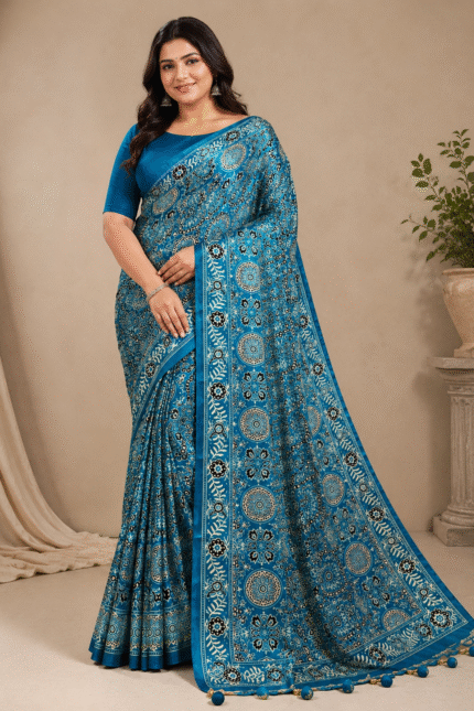 Blue Ajrakh Modal Satin Silk Saree with Digital Print and Tassel Pallu