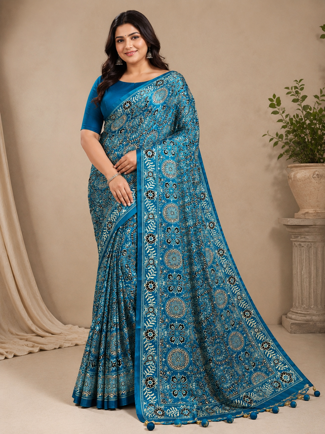 Blue Ajrakh Modal Satin Silk Saree with Digital Print and Tassel Pallu Blue Ajrakh Modal Satin Silk Saree with Digital Print and Tassel Pallu
