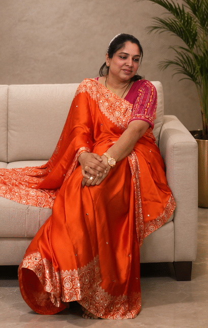 Elegant Ajrakh Modal Silk Saree with Original Mirror Work in Orange Rani Pink Designer Traditional Saree