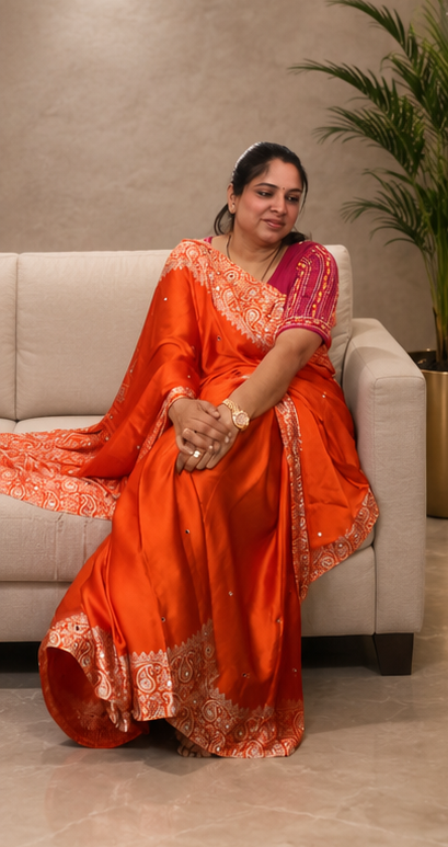 Orange Ajrakh Modal Silk Saree Elegant Ajrakh Modal Silk Saree with Original Mirror Work in Orange Rani Pink Designer Traditional Saree