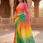 Royal Georgette Designer Saree with Kacha Gota Work Coral Orange Multi Colour Saree Without Blouse