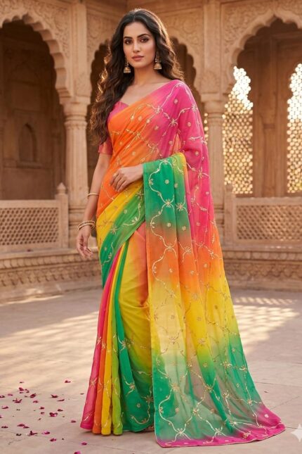 Royal Georgette Designer Saree with Kacha Gota Work Coral Orange Multi Colour Saree Without Blouse