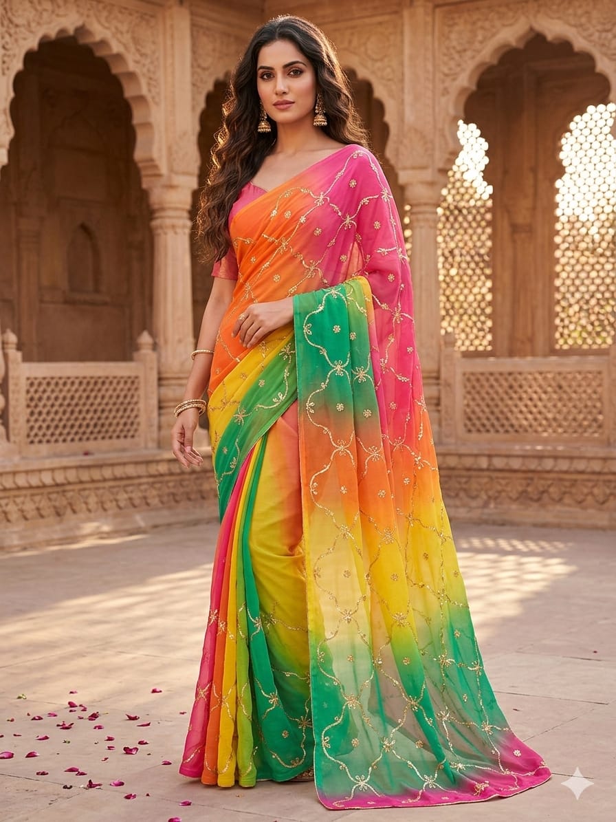 orange Royal Georgette Designer Saree Royal Georgette Designer Saree with Kacha Gota Work Coral Orange Multi Colour Saree Without Blouse