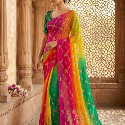 Royal Georgette Designer Saree with Kacha Gota Work Rani Pink Multi Colour Saree Without Blouse