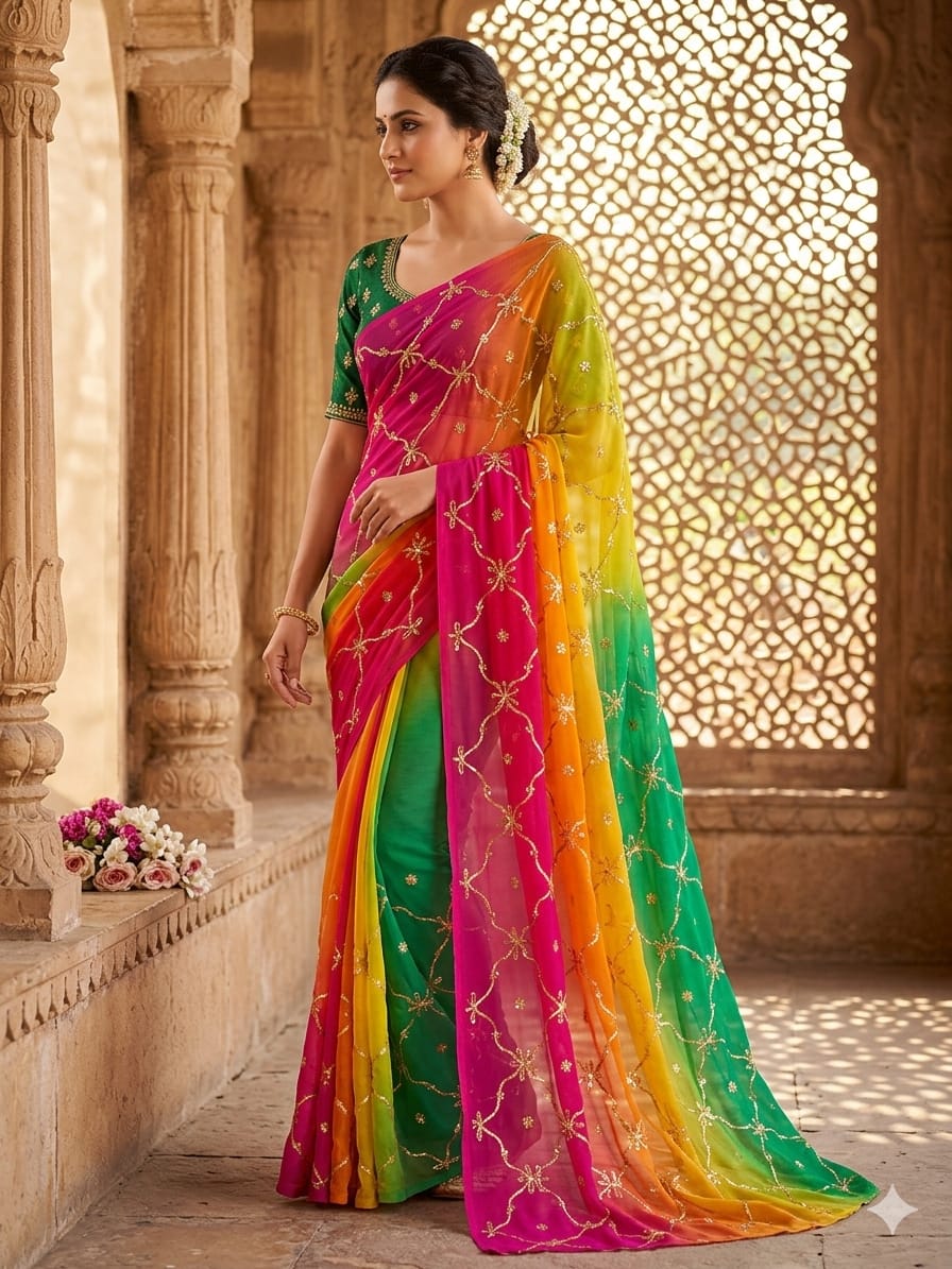 Royal Georgette Designer Saree with Kacha Gota Work Rani Pink Multi Colour Saree Without Blouse
