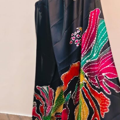 Black Multi Color Printed Satin Saree for Party Wear with Vibrant Floral Design and Glossy Finish