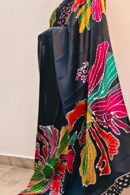 Black Multi Color Printed Satin Saree for Party Wear with Vibrant Floral Design and Glossy Finish