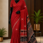 Red & Black Handloom Modal Silk Bandhej Ajrakh Saree with Mirror Work
