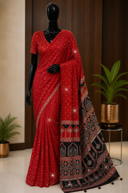 Red & Black Handloom Modal Silk Bandhej Ajrakh Saree with Mirror Work