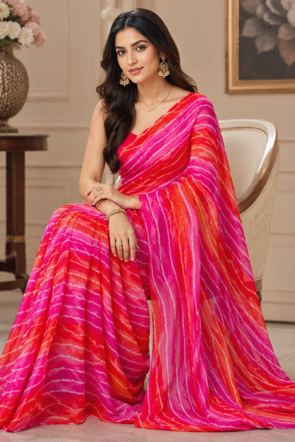 Hot Pink Chiffon Georgette Saree with Leheriya Print Soft Lightweight Washable Party Wear Saree for Women