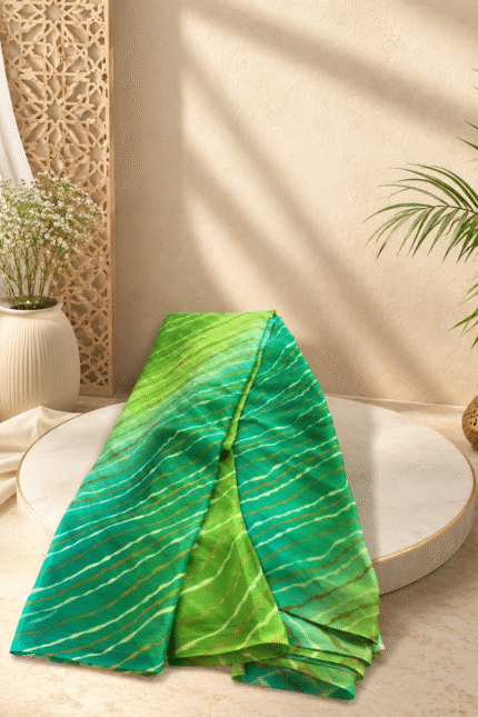 Multicolor Chiffon Saree featuring vibrant gradient shades, stylish wavy stripe pattern, lightweight flowing fabric, and graceful drape, perfect for festive wear, parties, brunch outings, and special occasions.