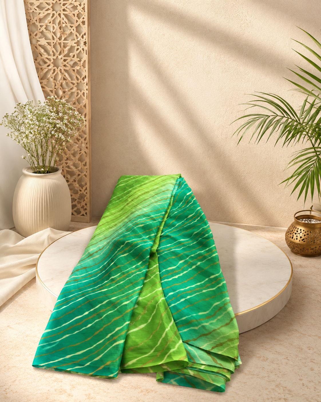 Multicolor Chiffon Saree with Gradient Shades and Wavy Stripe Design Multicolor Chiffon Saree featuring vibrant gradient shades, stylish wavy stripe pattern, lightweight flowing fabric, and graceful drape, perfect for festive wear, parties, brunch outings, and special occasions.