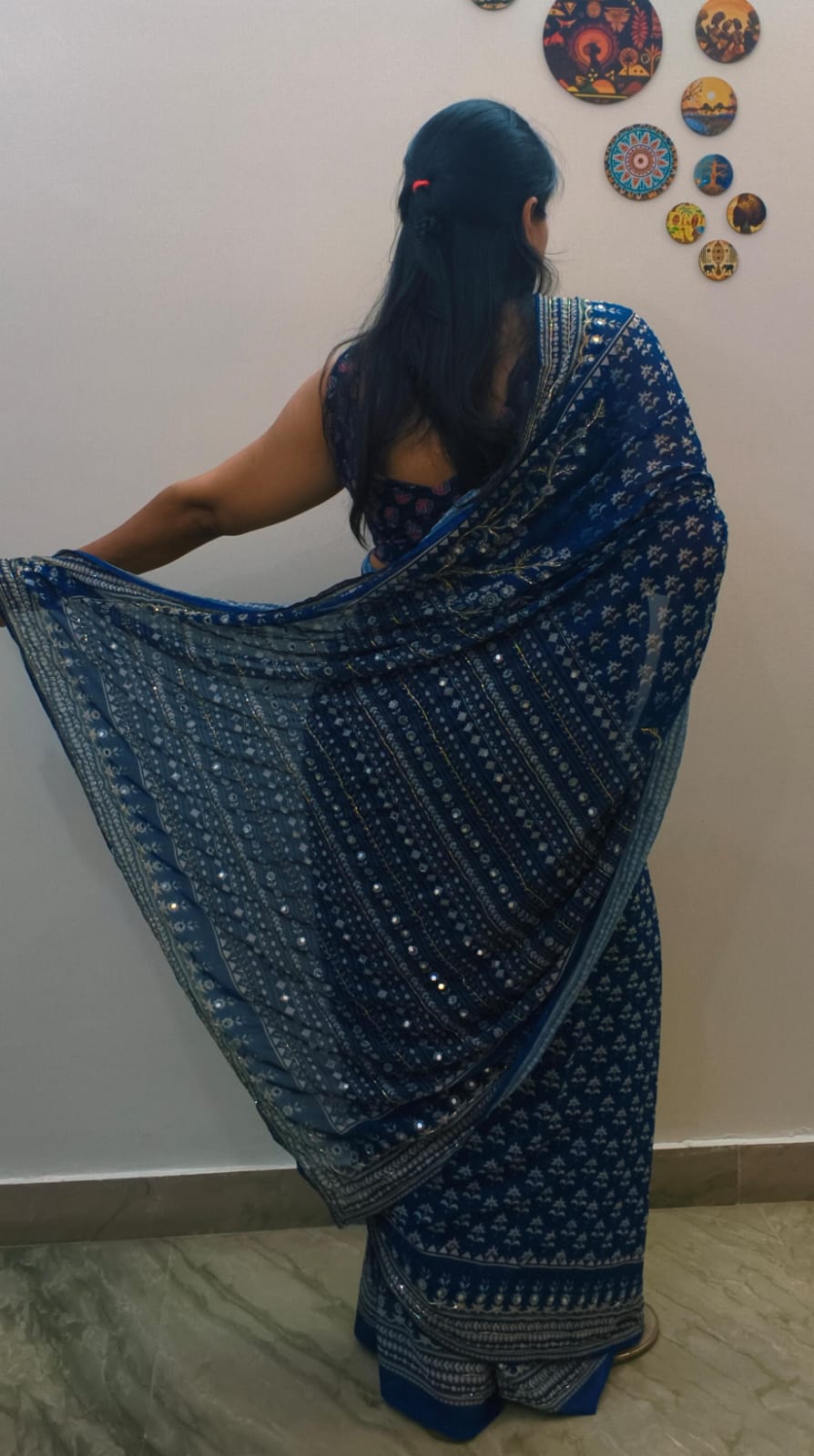 Designer Printed Soft Georgette Saree With Beautiful Cutdana and Mirror Work
