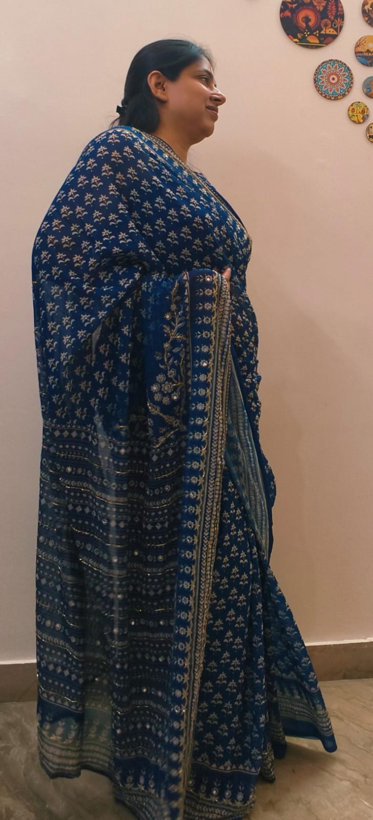 Designer Printed Soft Georgette Saree With Beautiful Cutdana and Mirror Work