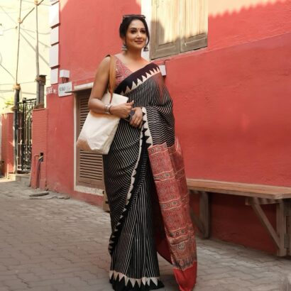 Black Semi Gajji Silk Saree with Ajrakh Print Border and Rich Ajrakh Pallu, Soft Smooth Satin Silk Designer Saree