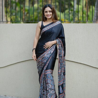 Black Printed Satin Silk Saree with Traditional Floral Border Design and Elegant Pallu