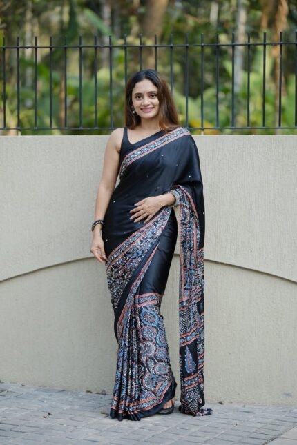 Black Printed Satin Silk Saree with Traditional Floral Border Design and Elegant Pallu