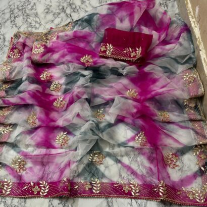 Organza Shibori Saree with All Over Handwork, Rani Pink, Grey and White Shaded Design, Embroidered Border and Contrast Blouse Piece