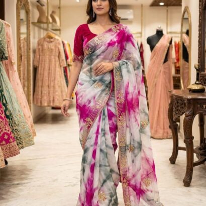 Organza Shibori Saree with All Over Handwork, Rani Pink, Grey and White Shaded Design, Embroidered Border and Contrast Blouse Piece