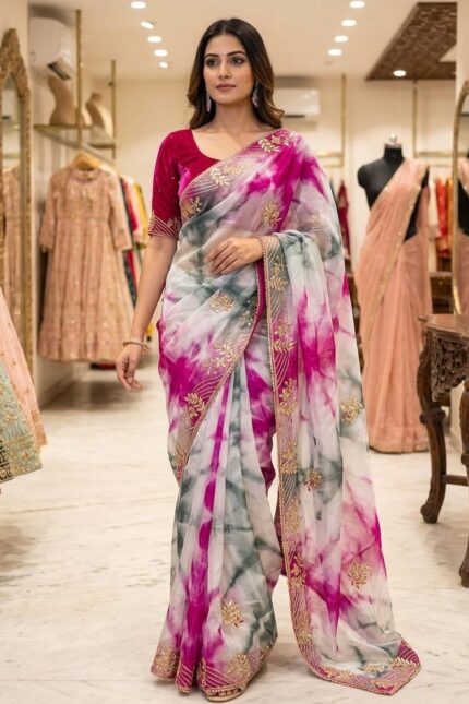 Organza Shibori Saree with All Over Handwork, Rani Pink, Grey and White Shaded Design, Embroidered Border and Contrast Blouse Piece
