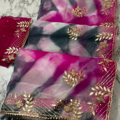 Organza Shibori Saree with All Over Handwork, Rani Pink, Grey and White Shaded Design, Embroidered Border and Contrast Blouse Piece