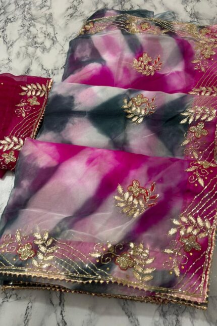 Organza Shibori Saree with All Over Handwork, Rani Pink, Grey and White Shaded Design, Embroidered Border and Contrast Blouse Piece